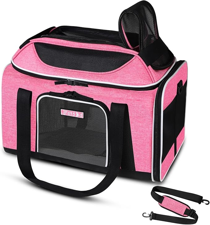 Petskd Top-Expandable Pet Carrier 18x13x9.5 Inches Southwest Allegiant Airline Approved, Soft-Sided Carrier for Small Cats and Dogs with Locking Safety Zippers and Anti-Scratch Mesh(Pink)
