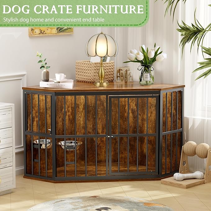 Large Dog Crate Furniture, 53โ Heavy Duty Corner Dog Crate with 2 Stainless Steel Bowls, Dog Kennel Furniture Style House, Wooden Decorative Pet House End Side Table, Chew-Resistant, Rustic