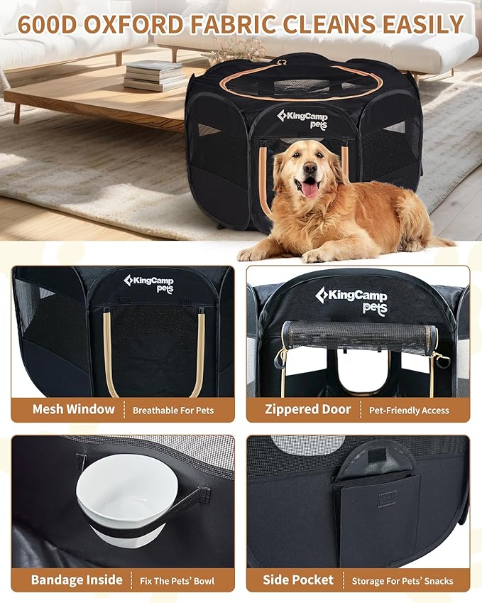 KingCamp Dog Playpen, Portable Foldable Cat Kitten Puppy Tent Crates 29"/36"/50" Pop Up Pet Playpen with Zippered Bottom & Cover for Indoor Outdoor Use (X-Large, Black)
