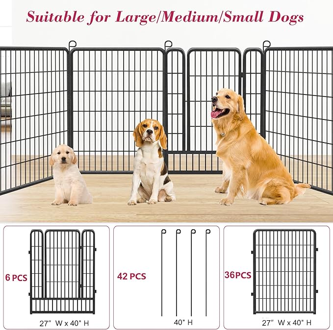 Dog Playpen 40 inch Dog Fence for Outdoor Indoor Use Heavy Duty Metal Dog Pen for Large Dogs, Rustproof Pet Playpen Portable Pet Fence Outdoor for Yard, RV Camping, Customizable, 42 Panels