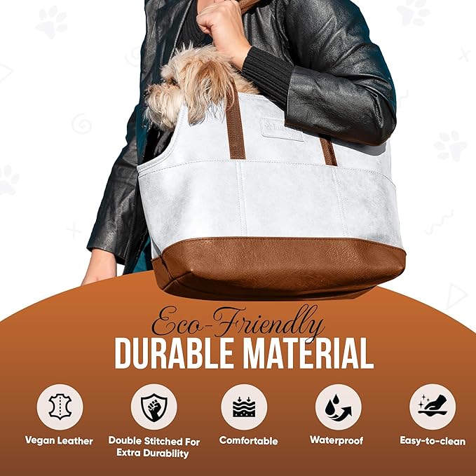 Luxury Dog Purse Carrier for Small Dogs, Faux Leather Pet Carrier Purse, Secure Harness Clip, Dog Tote Bag Carrier for Small Dogs and Puppies - White