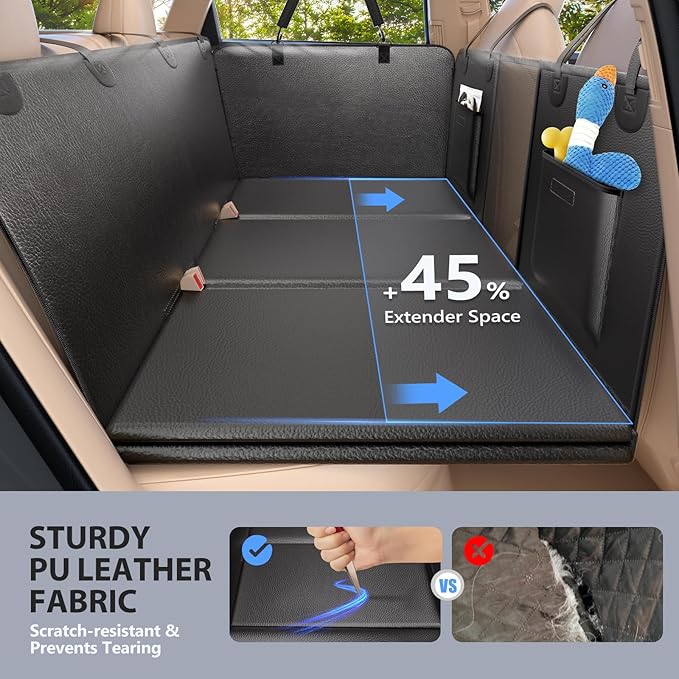Back Seat Extender for Dogs-Upgraded PU Leather, Hard Bottom Dog Car Seat Cover for Back Seat, Anti-Scratch Backseat Extender for Dogs, Waterproof Dog Hammock for Car, SUV, 400lbs
