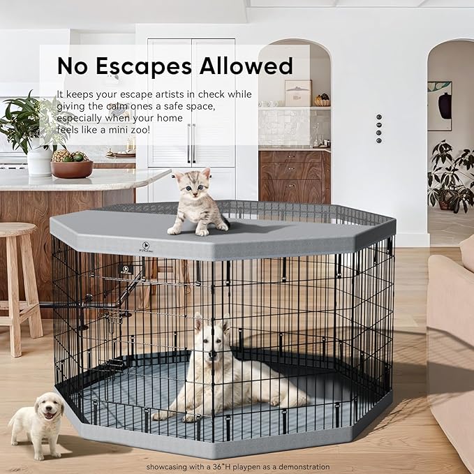 PJYuCien Puppy Playpen,8 Panels 36”H Dog Playpen with Gery Bottom Pad and Grey Top Cover,Metal Foldable Dog Exercise Pen for Indoor,Better for Small Pets,Grey