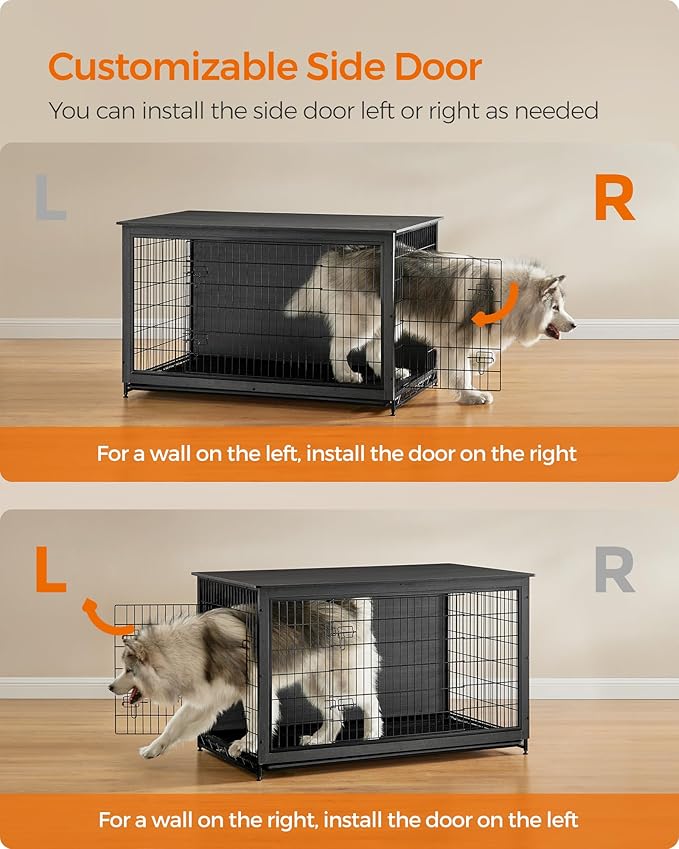 Feandrea Dog Crate Furniture, 56.1" Modern Kennel for Dogs Indoor up to 105 lb, Heavy-Duty Dog Cage with Multi-Purpose Removable Tray, Double-Door Dog House, Ink Black UPFC005B01