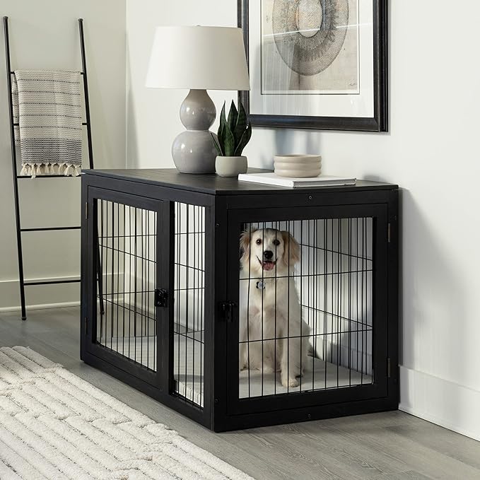 Furniture-Style Dog Crate - Acacia Wood Kennel for Large Dogs with Double Doors and Cushion - Dog Kennel Furniture by PETMAKER (Black)