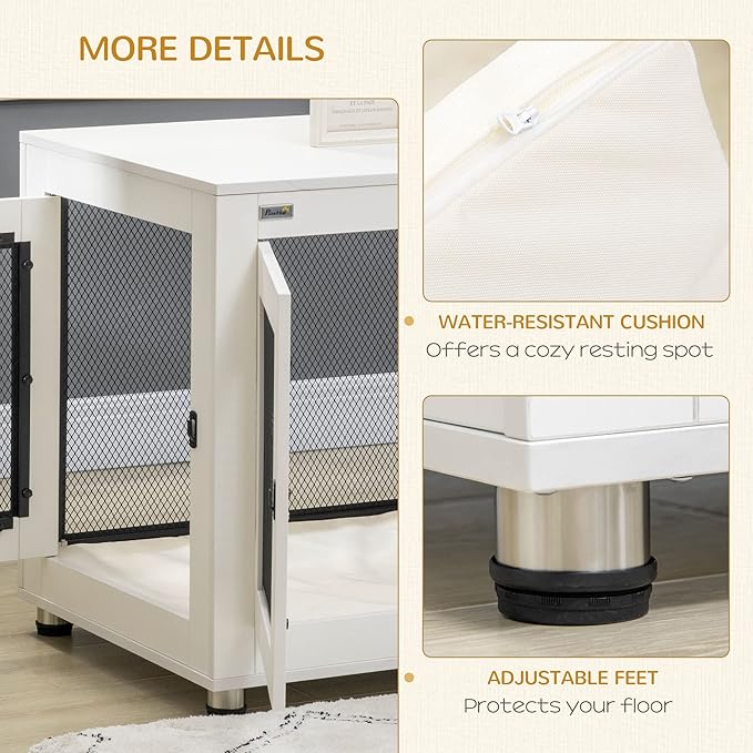 PawHut Dog Crate Furniture, 37" Dog Kennel Furniture with Water-Resistant Cushion, Double Doors for Large Dogs, Dog Crate End Table for Indoor Use, White