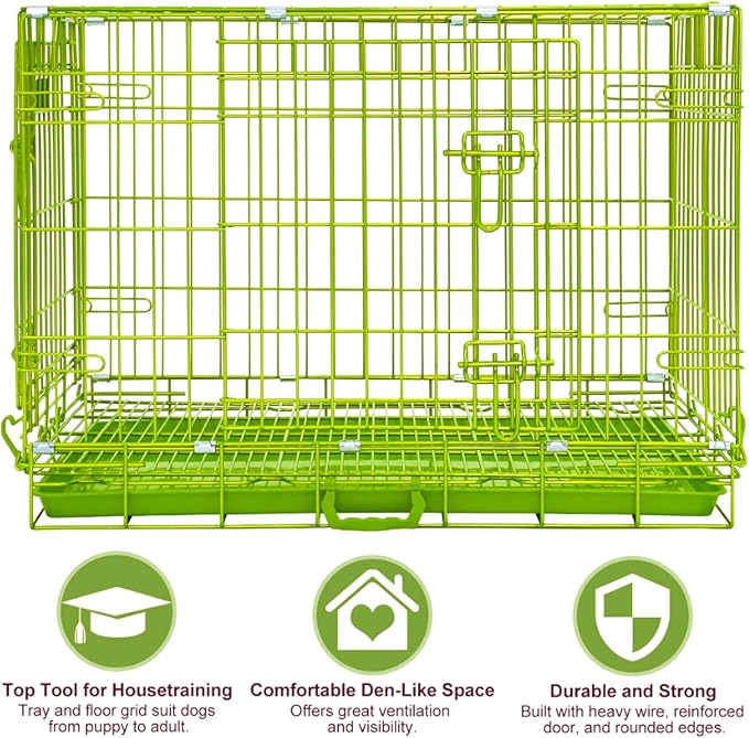 Homey Pet Large Dog Crate, Collapsible Dog Cage Medium Sized Dog, Nano-Coating Metal Wire XL Big Dog Kennel Indoor with Removable Floor Grid and Tray, Double Doors, GOLD42+GREEN30 Bundle