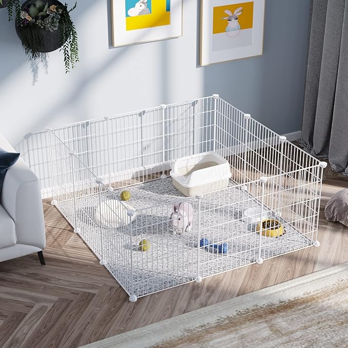 C&AHOME Pet Playpen, Small Animals Supplies, 12 Panels Exercise Playpens Cage, C Grids Portable Yard Fence Indoor, Ideal for Guinea Pigs, Puppy Pet Products, DIY Metal Playpens, 12" × 15" White