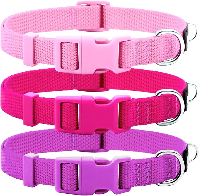 azuza 3 Pack Dog Collars Comfortable and Adjustable Nylon Dog Collars for Large Dogs, L (18-26inch), Pink, Hot Pink and Purple