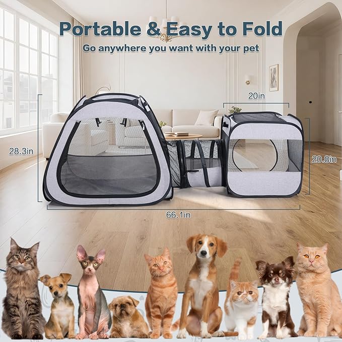 Portable Cat Dog Playpen: Dog Crate, Carrier, Dog Playpen, Cat Enclosure, Puppy Carrier, Pet Playpen, Small Outdoor Pet Enclosure, Travelling and Camping Cat Dog Tent and Tunnel, 3 Separable Parts