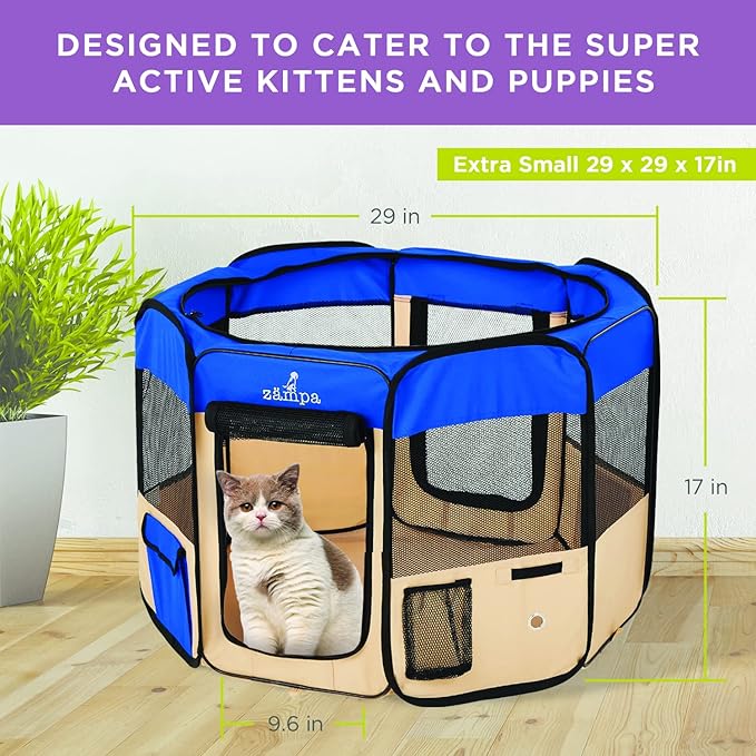 Zampa Puppy Playpen Extra Small 29"x29"x17" Portable Pop Up Playpen for Dog and Cat, Foldable | Indoor/Outdoor Kitten Pen & Travel Pet Carrier + Carrying Case.