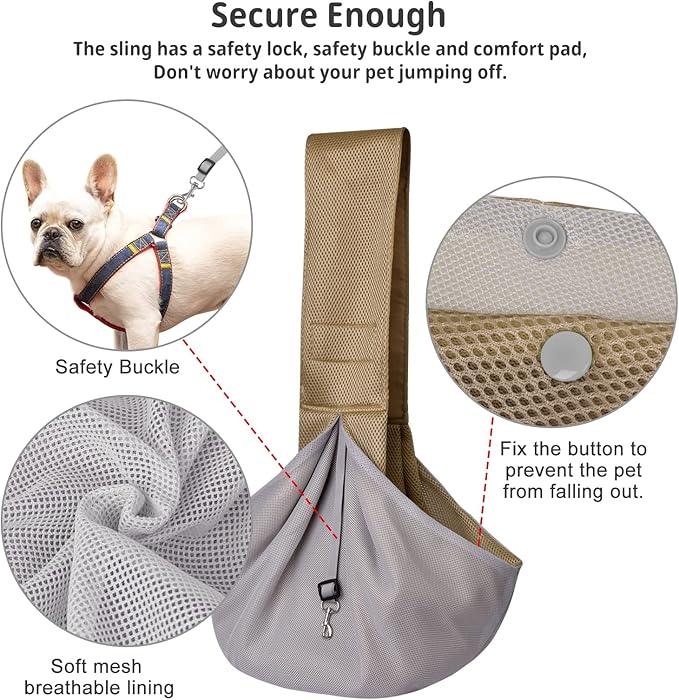 CUBY Dog and Cat Sling Carrier, Hands Free Reversible Pet Papoose Bag, Soft Pouch Adjustable, Suitable for Puppy Cats for Outdoor Travel (Khaki Mesh, one Size mesh)
