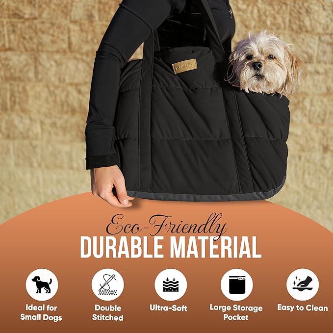 Dog Purse Carrier for Small Dogs, Cozy Plush Pet Carrier Purse, Secure Harness Clip, Lightweight Dog Tote Bag Carrier for Small Dogs and Puppies (Black)
