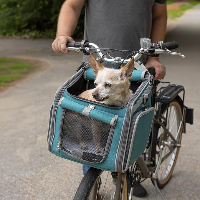Dog Bike Basket, Mesh Windows, 2 Safety Leashes, Soft Sided, Safe Comfortable Pet Carrier for Small Dogs, Cats (Blue)