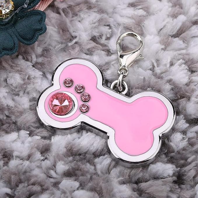 KUIDAMOS 4 Colors Cute Pet Zinc Alloy Tag, Bone Shape with Rhinestones Decor, Personalized for Dogs and Cats, Also as A Keychain()