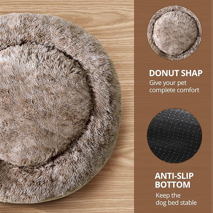 JOLLYVOGUE Dog Beds for Medium Dogs, Anti-Anxiety Washable Round Bed, Calming Donut Dog Cat Bed for Puppy Bed, Fluffy Dog Beds for Medium Dogs, Round Puppy Bed for Indoor Pet (28"/Smoke Brown