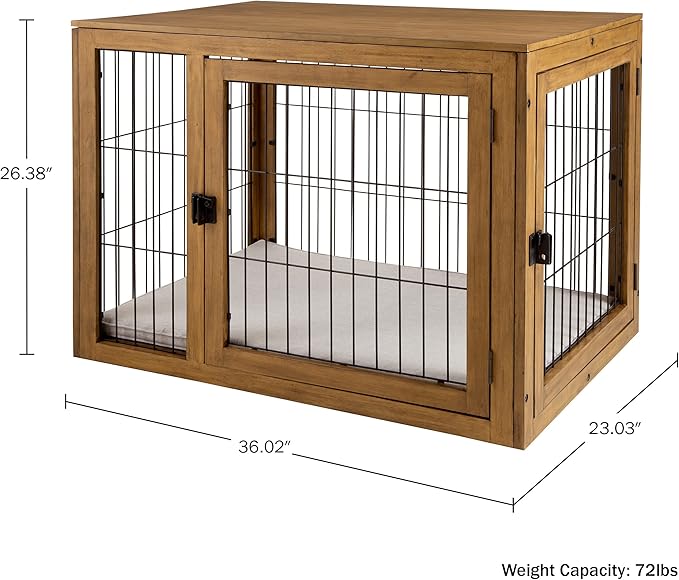 Furniture-Style Dog Crate - Acacia Wood Kennel for Medium Dogs with Double Doors and Cushion - Dog Cage Furniture by PETMAKER (Natural)