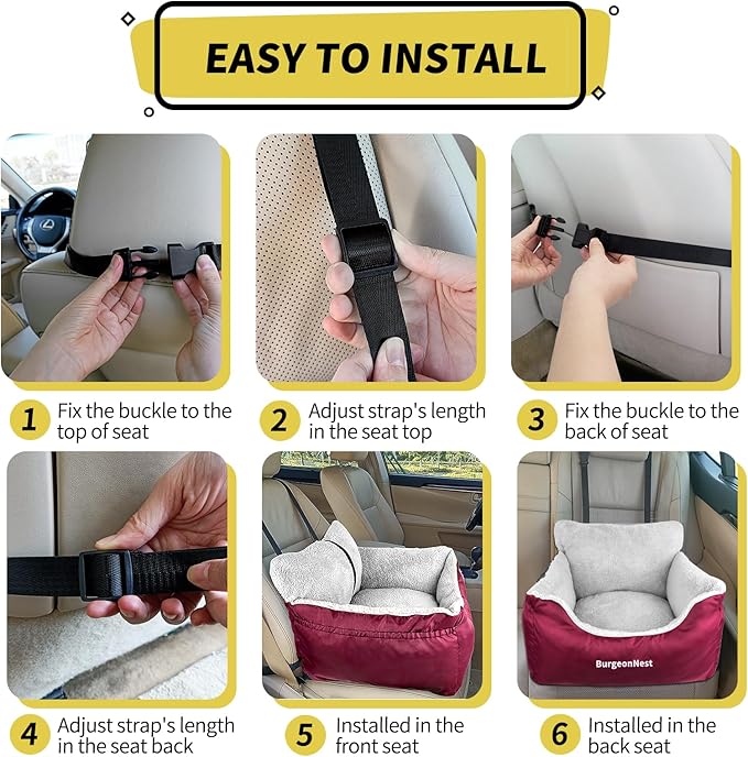 BurgeonNest Dog Car Seat for Small Dogs, Fully Detachable and Washable Carseats Under 25, Soft Booster Seats with Storage Pockets Clip-On Leash Portable Travel Carrier Bed Red (dbs-r)