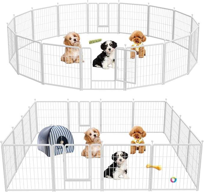 HealSmart Dog Playpen Indoor, Puppy Playpen Indoor Outdoor for Yard, Camping, RV, 24" Height 16 Panels Heavy Duty Dog Pen for Puppies/Small Dogs, White