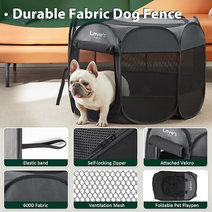 Love's cabin Pet Puppy Dog Playpen, Medium Dog Tent Crates Cage Indoor/Outdoor, Portable Playpen for Dog and Cat, Foldable Pop Up Dog Kennel Playpen with Carring Case, Removable Zipper Top, Dark Grey