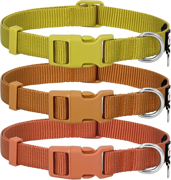 azuza 3 Pack Fall Dog Collars Comfortable and Adjustable Nylon Dog Collars for Large Dogs, L (18-26inch), Ginger Yellow, Rust Orange and Latte Brown