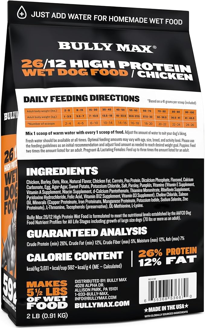 Bully Max Wet Dog Food - Instant Fresh Dehydrated High Protein Soft Puppy & Adult Dog Food with Chicken - Healthy Muscle Growth for Small & Large Breeds - 20 Dry Pounds (Makes 55 lbs. of Wet Food)