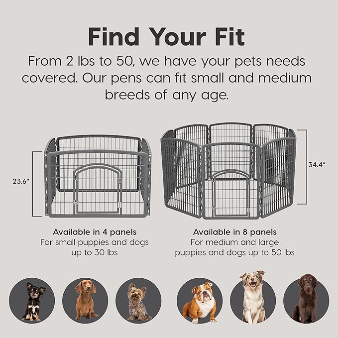 IRIS USA Dog Playpen, 8-Panel 34" Pet Playpen with Door, Puppy Playpen, Indoor/Outdoor Dog Pen, 63 x 63 x 34, Foldable, Customizable, Chrome