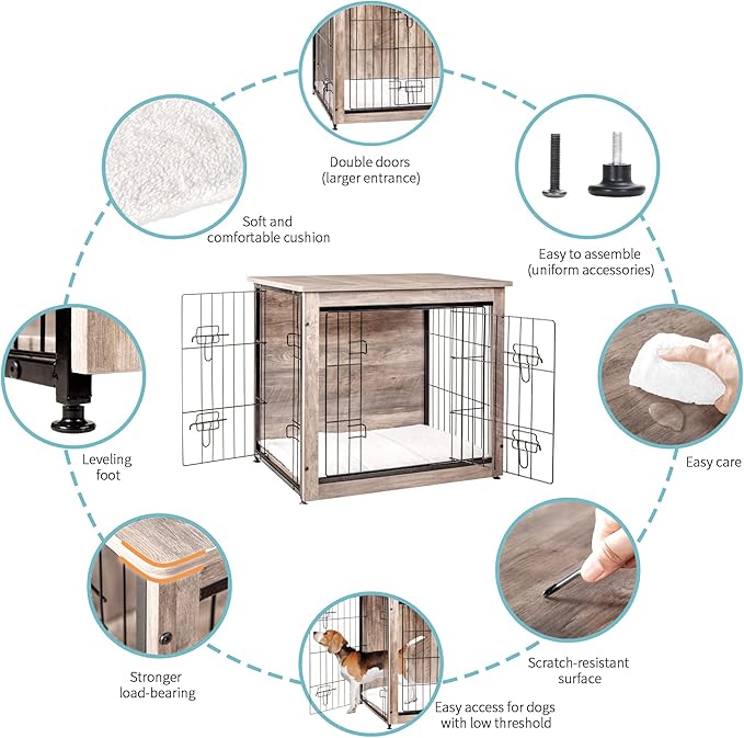 DWANTON Dog Crate Furniture with Cushion, Wooden Dog Crate with Double Doors, Dog Furniture, Dog Kennel Indoor for Small/Medium/Large Dog,End Table, Small, 27.2" L, Greige
