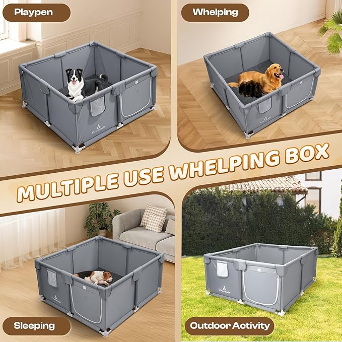 Whelping Box for Dogs and Puppies 47"x47"x24" - Tear-Resistant Oxford Fabric Dog Playpen with Suction Cups & 5-Piece Puppy Care Kit for Medium/Large Breed Dogs