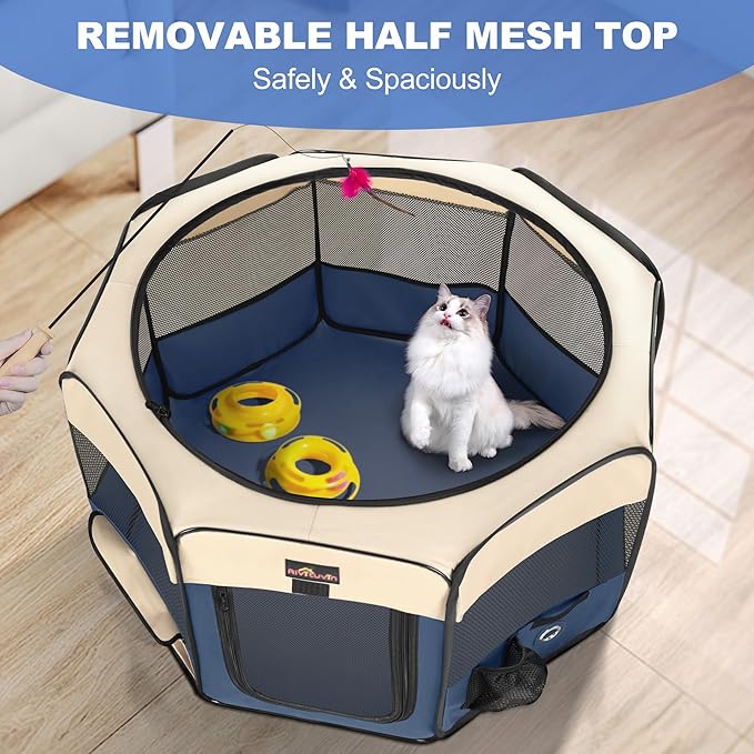 Aivituvin Dog Playpen, Foldable Pet Play Pens with Carrying Bag for Cat, Puppies, Rabbits, Portable Dog Tent Crates Cage for Travel Camping Indoor Outdoor, Removable Shade Cover, Blue S