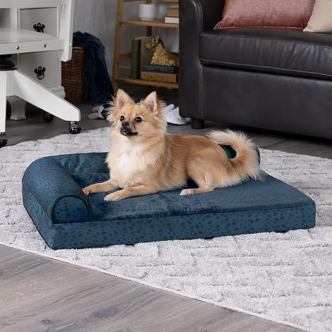 Furhaven Memory Foam Dog Bed for Medium/Small Dogs w/ Removable Bolsters & Washable Cover, For Dogs Up to 35 lbs - Plush & Almond Print L Shaped Chaise - Blue Almonds, Medium
