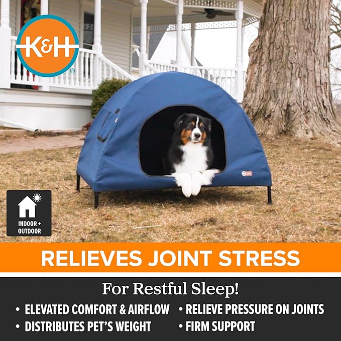 K&H Pet Products Pet Cot House for Large Dogs, Outdoor Elevated Dog Cot House, Enclosed Canopy, Window Flaps for Air Flow, Washable Cover, Raised Metal Frame, Collapsible - Large 42 X 30in Blue