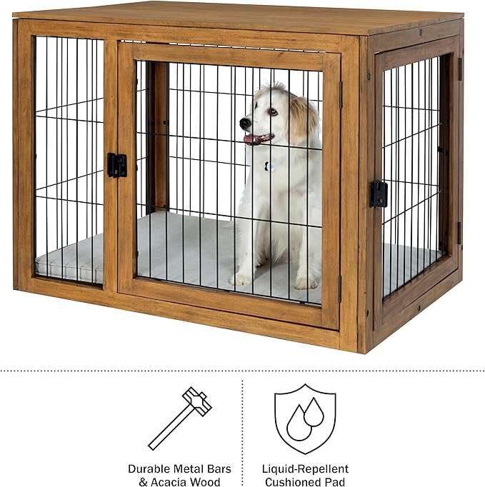 Furniture-Style Dog Crate - Acacia Wood Kennel for Large Dogs with Double Doors and Cushion - Dog Kennel Furniture by PETMAKER (Natural)