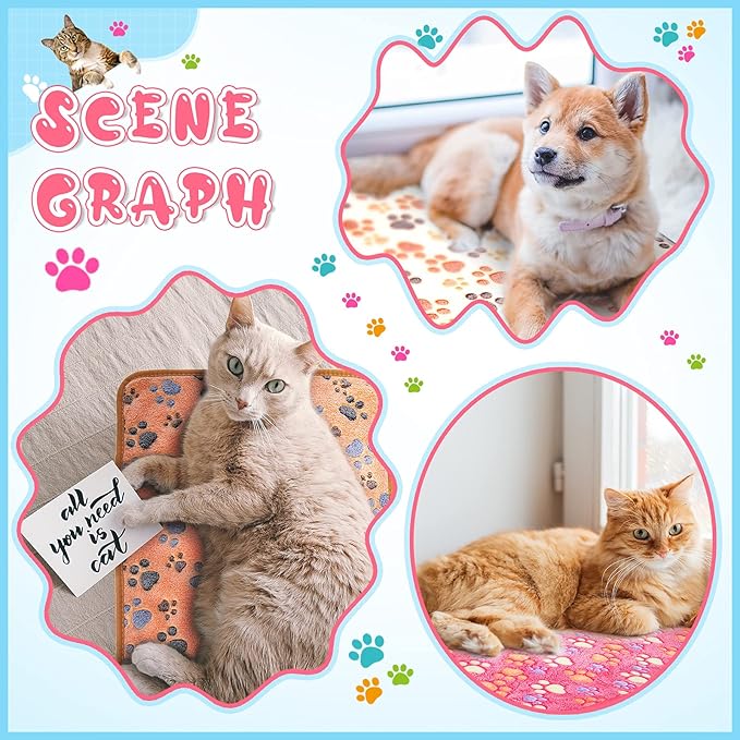 Tatuo 4 Pcs Dog Blanket Pet Puppy Blanket Puppy Teething Toys Paw Print Fleece Blanket for Pet Cat Soft Warm Sleep Mat Guinea Pig Cage Blanket(Small(24 x 16 Inch),Pink)