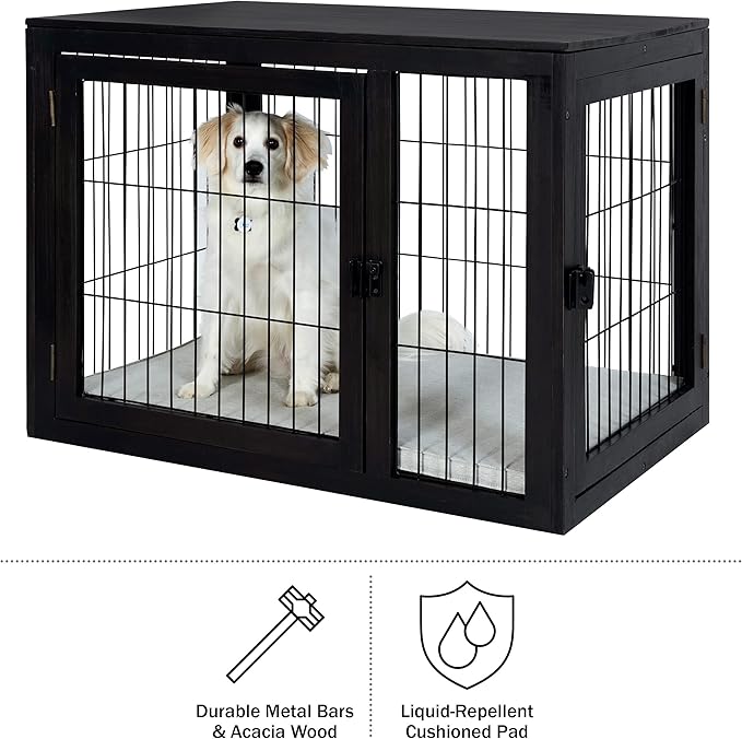 Furniture-Style Dog Crate - Acacia Wood Kennel for Large Dogs with Double Doors and Cushion - Dog Kennel Furniture by PETMAKER (Black)