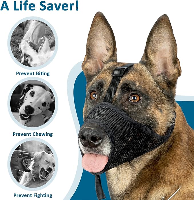 LUCKYPAW Dog Muzzle, Mesh Muzzle for Large Medium Small Dogs, Soft Dog Muzzle to Prevent Biting Chewing Excessive Barking with Adjustable Head Strap, Perfect for Vet Visit (Black, M)