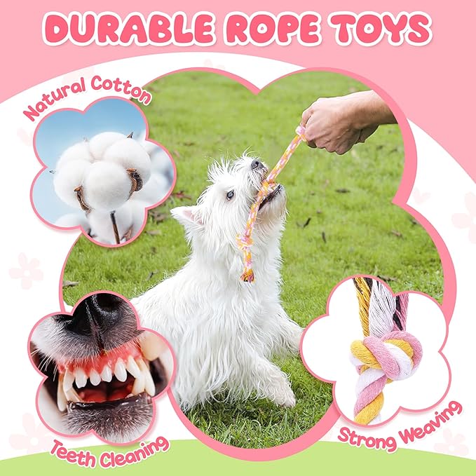 Zeaxuie Pink Puppy Toys for Teething, 9 Pack Small Dog Toys with Cute Puppy Chew Toys, Squeaky Crinkle Dog Toys, Treat Ball and Interactive Rope Toys