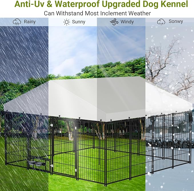 Rovibek 10x10 FT Dog Kennel Outside, Dog Kennels Outdoor with 2 Height Adjustable Rotating Feeder Bowls, Dog Enclosure Outdoor, Outside Dog Kennel with Roof, Outside Kennel for Large Dogs