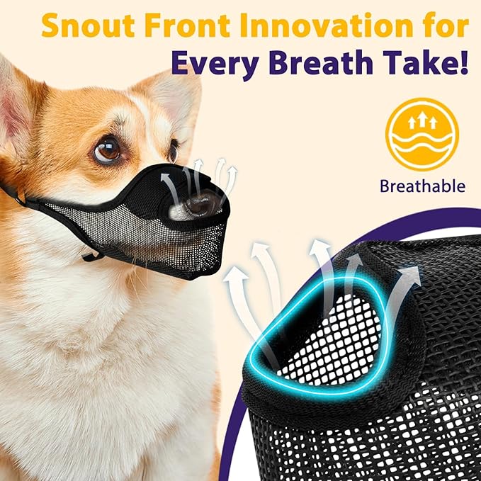 LUCKYPAW Dog Muzzle, Mesh Muzzle for Large Medium Small Dogs with Front Opening Design, Dog Mouth Cover to Prevent Biting, Licking, Chewing, Scavenging, Allows Drinking (S-Snout:7¾-8¾", Black)