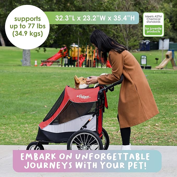 Petique Trailblazer Pet Jogger/Stroller, Bike Trailer, Shock Absorbing Bike Wheels, Large Entry Way, Peek-a-Boo Window, Small/Medium/Large Dogs, Cats and Pets, Supports up to 77LBS - Mars (Red)