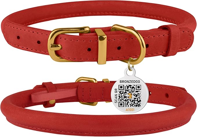 BRONZEDOG Rolled Leather Dog Collar with QR ID Tag Adjustable Soft Round Collars for Small Medium Large Dogs Puppy Cat (14" - 16" Neck Size, Classic Red)
