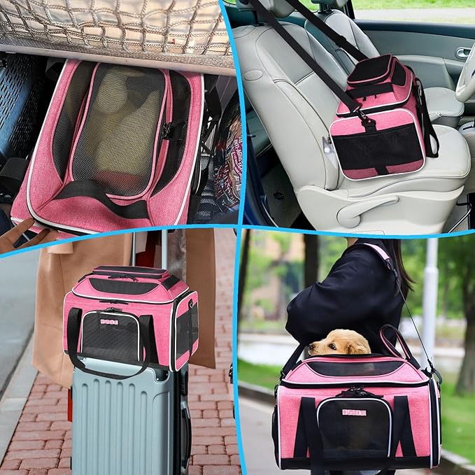 Petskd Top-Expandable Pet Carrier 18x13x9.5 Inches Southwest Allegiant Airline Approved, Soft-Sided Carrier for Small Cats and Dogs with Locking Safety Zippers and Anti-Scratch Mesh(Pink)