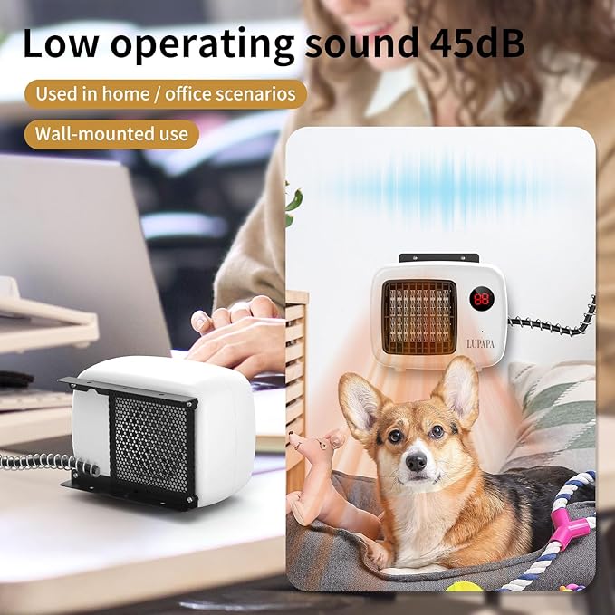 Thermostatic Dog House Heater with Anti-Bite Wires, Wall-Mounted Pet Heater with 2 Wind Speed Modes (300W/600W), Suitable for Pet House Stoves for Dogs Cats Chickens Hamsters