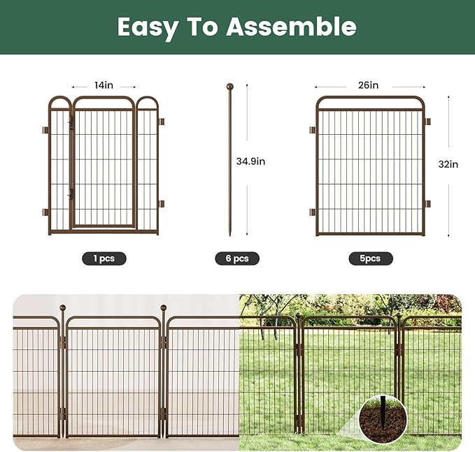 Gardner Pet Dog Playpens, 32" H 6 Panels Dog Pen Outdoor/Indoor Dog Fence Exercise Pen for Small/Medium/Large Dogs, Foldable Pet Play Yard Gate with Gravity Automatic Lock, Pet Playpen, Brown