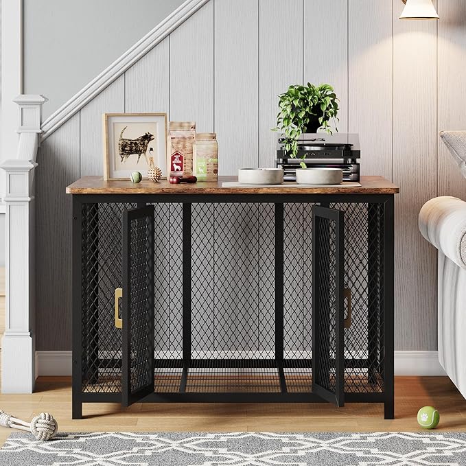 48 Inch Flip Top Dog Crate Furniture, Large Dog Kennel with 2 Doors, Latches, Heavy Duty Metal Dog Cage End Table, Farmhouse Dog Furniture for Large Medium Small Dogs, Brown