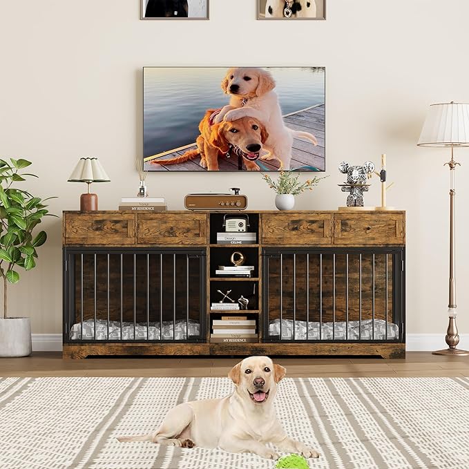 IDEALHOUSE 82” Large Dog Crate for 2 Dogs, Dog Kennel Indoor with 4 Drawers and Shelves, Double Dog Crate Furniture TV Stand, Wooden Heavy Duty Dog Crate for Medium Large Dogs, Rustic Brown