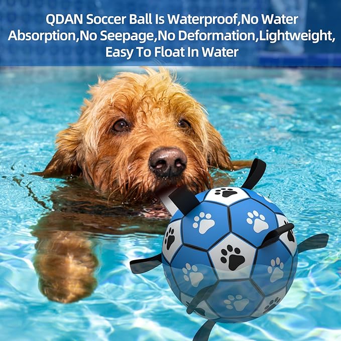 QDAN Dog Ropes Toys Soccer Ball with Straps, Interactive Dog Toys for Tug of War, Puppy Birthday Gifts, Dog Tug Toy, Dog Water Toy, Durable Dog Balls for Small & Medium Dogs-Blue&Grey(6 Inch)