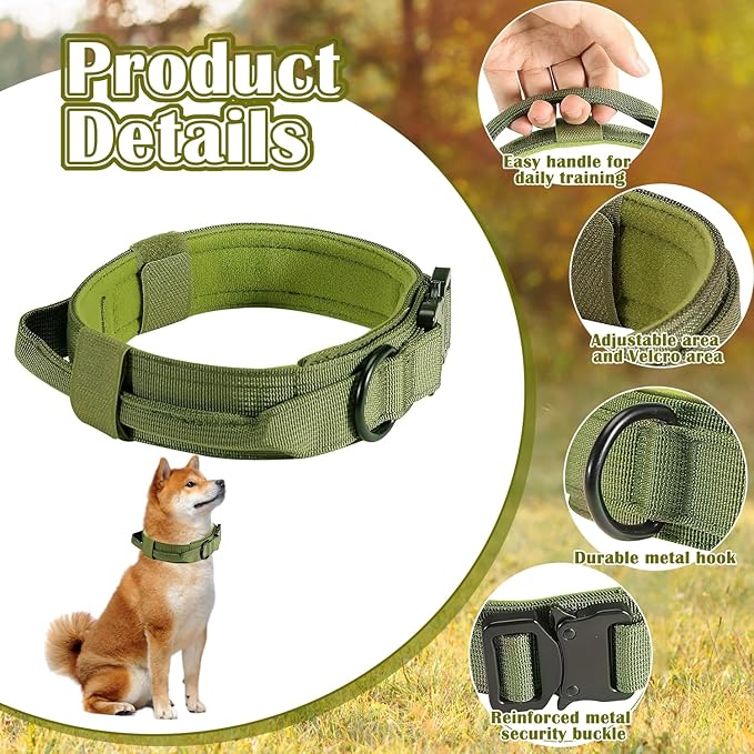 Tactical Dog Collar and Leash Set, Adjustable Military Nylon Dog Bungee Leash and Collar with Handle and Heavy Metal Buckle, Dog Training Collar Leash Set for Medium Large Dog (L, Green)