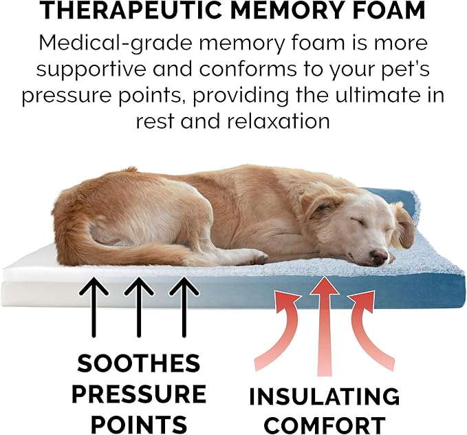 Furhaven Memory Foam Dog Bed for Large/Medium Dogs w/ Removable Bolsters & Washable Cover, For Dogs Up to 55 lbs - Two-Tone Plush Faux Fur & Suede L Shaped Chaise - Marine Blue, Large