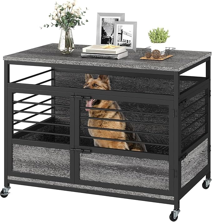 DWVO Dog Crate Furniture, 39.4 Inch Dog Kennel Indoor Furniture End Table Cage for Dogs, Modern Decorative Cage Wooden Dogs Crate Furniture with Wheels, Chew-Resistant, Dark Grey